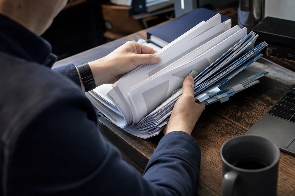 Coordinator fanning out a stack of tabbed statements of work next to a laptop