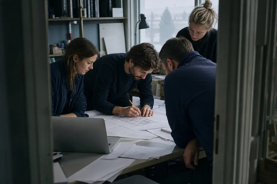 Team of four marking floor plans around a shared table with a laptop