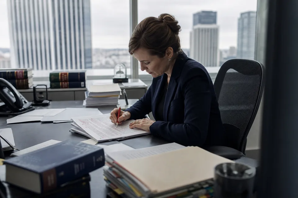 In house counsel reading a marked up contract with a red pen next to statute books