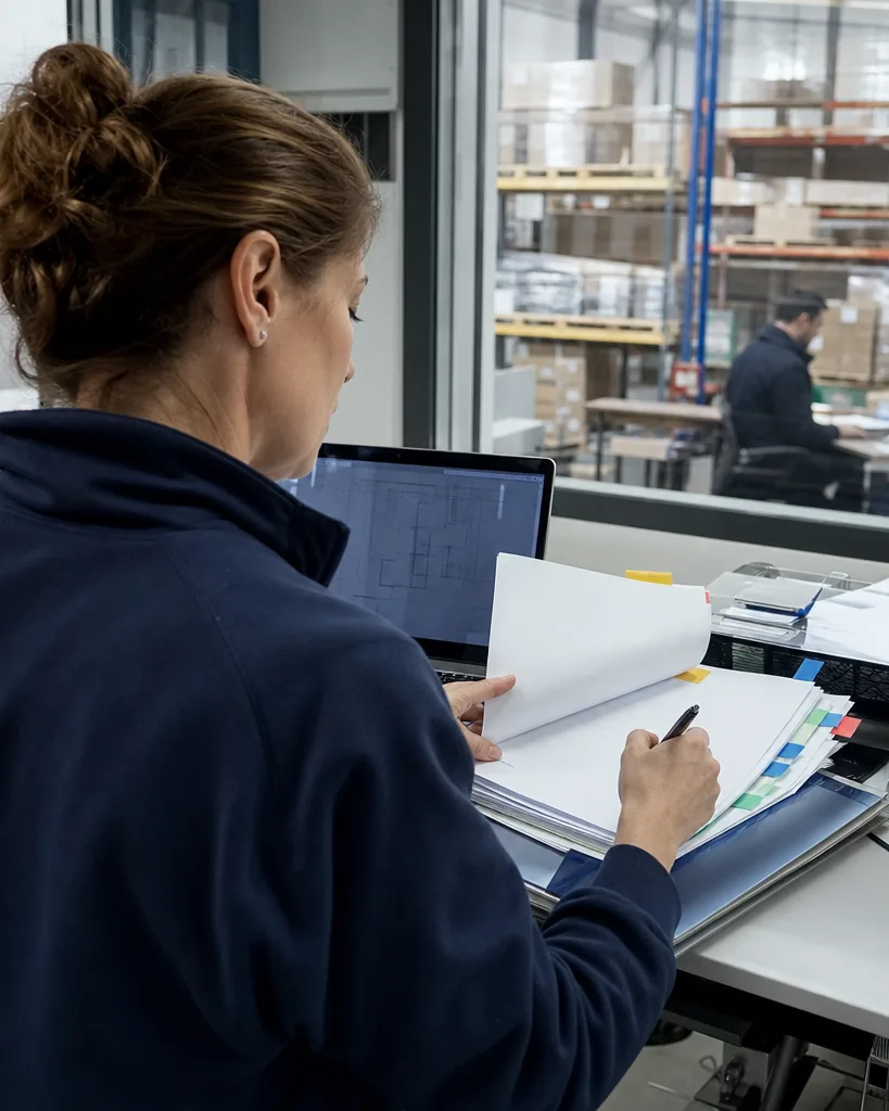 Facilities manager initialling a printed vendor agreement next to a laptop, warehouse shelving behind the glass