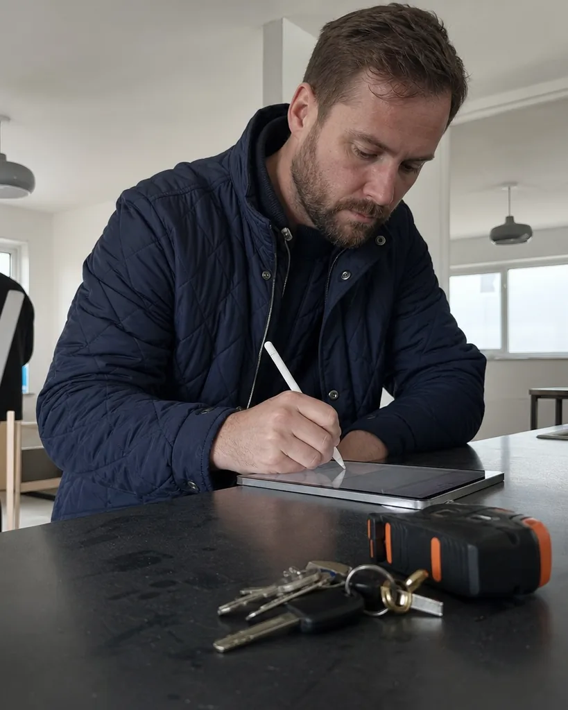 Landlord signing a lease on a tablet with a stylus at the kitchen counter of an apartment