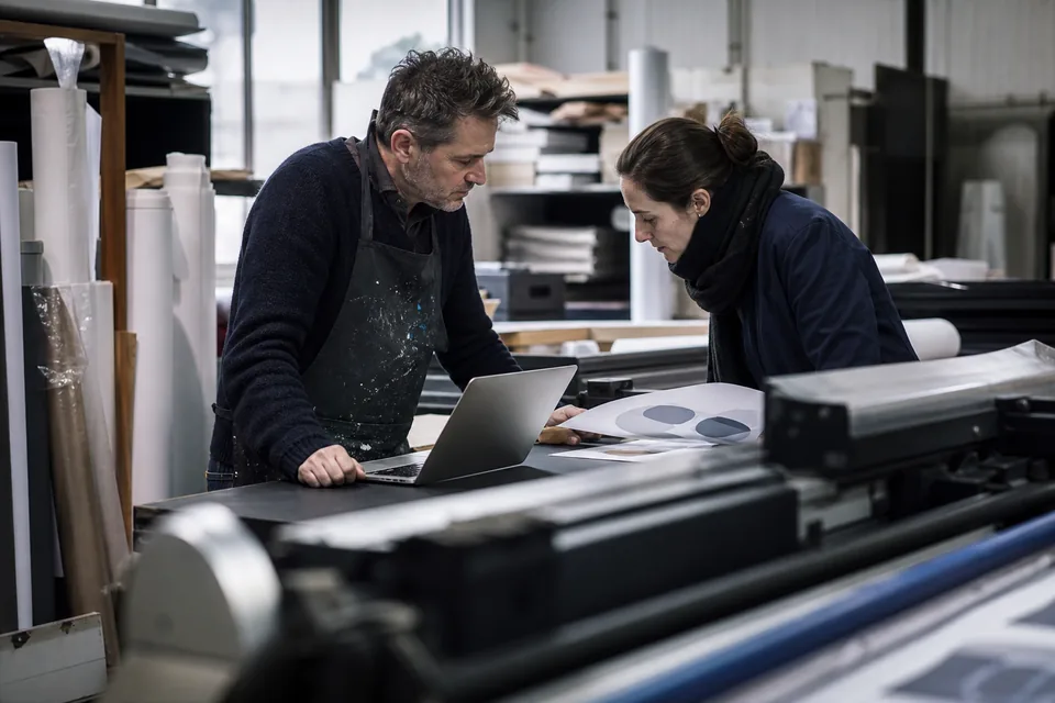 Print shop owner and a client reviewing a services agreement on a laptop beside a large format printer
