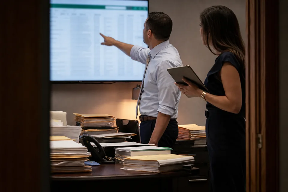 Two accountants reviewing a list of client engagements on a monitor during tax season