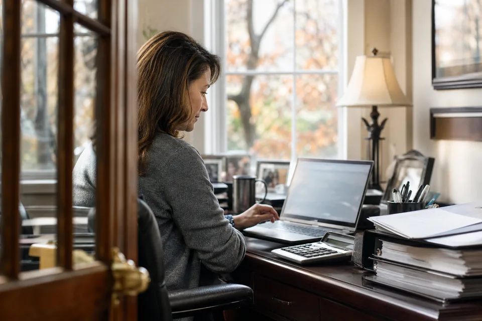 CPA reviewing a client engagement letter on a laptop in a small accounting firm office