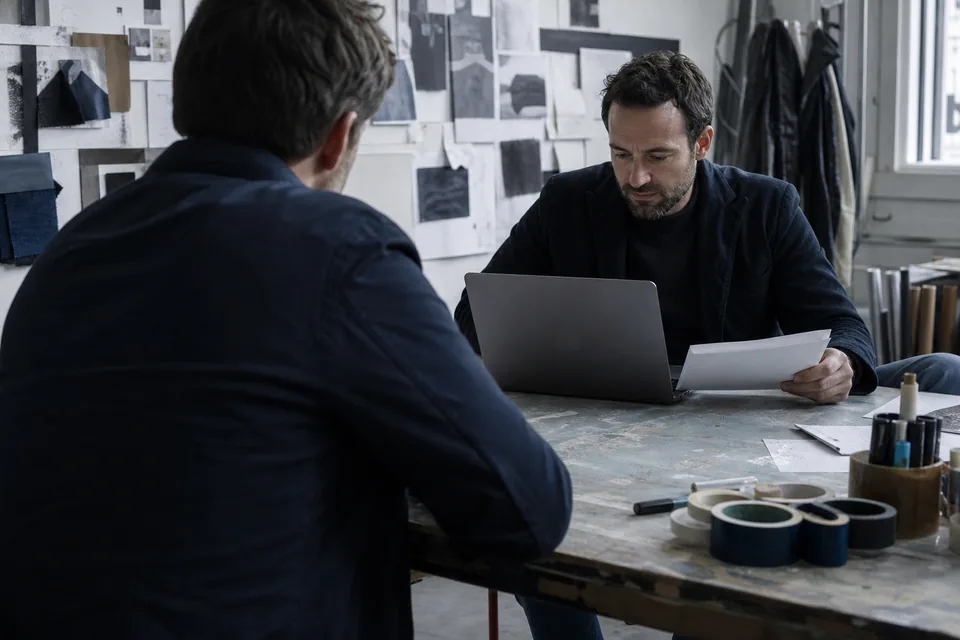 Agency director reading a services agreement with a client at a studio worktable