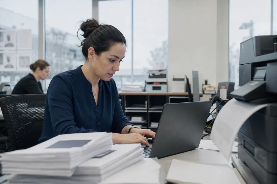 People operations lead sending onboarding documents from a laptop beside a printer
