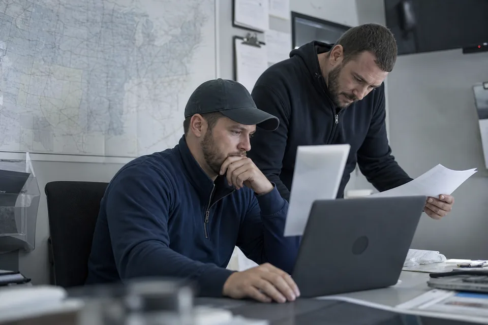 Operations manager reviewing a carrier contract on a laptop while a colleague checks a printed copy