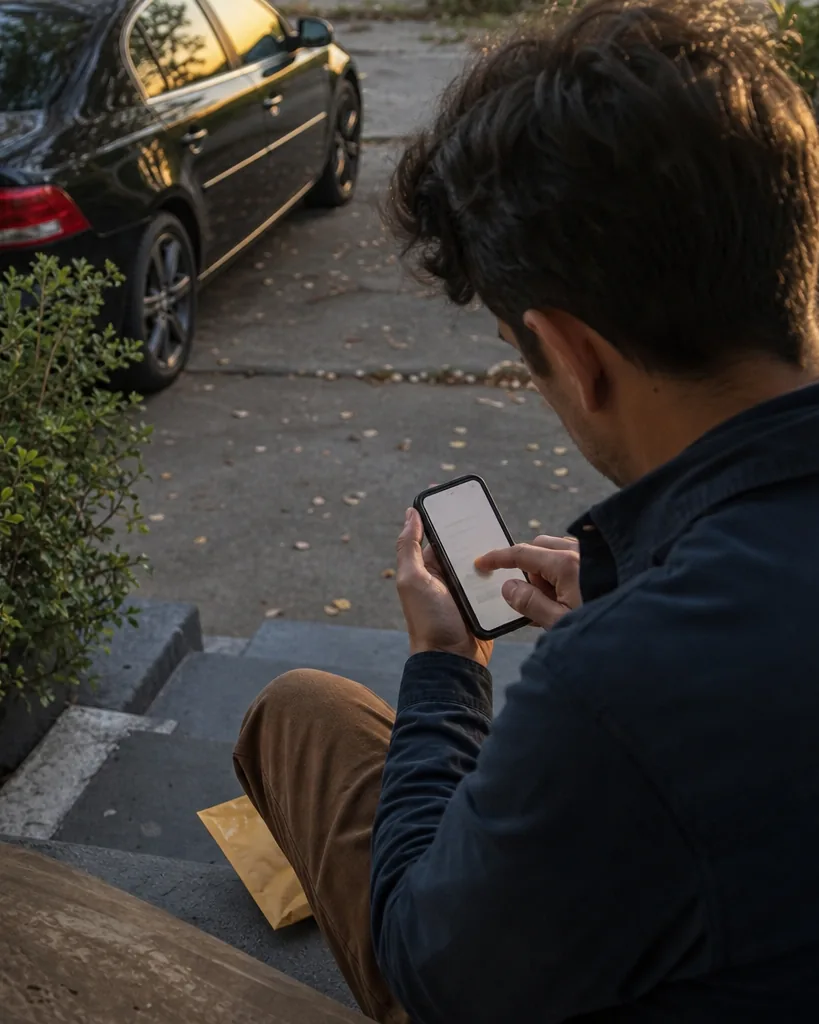 Policyholder signing an insurance form on a smartphone on the front steps of a house