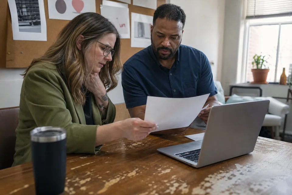 Nonprofit executive director and board treasurer reviewing a grant agreement at a small office table
