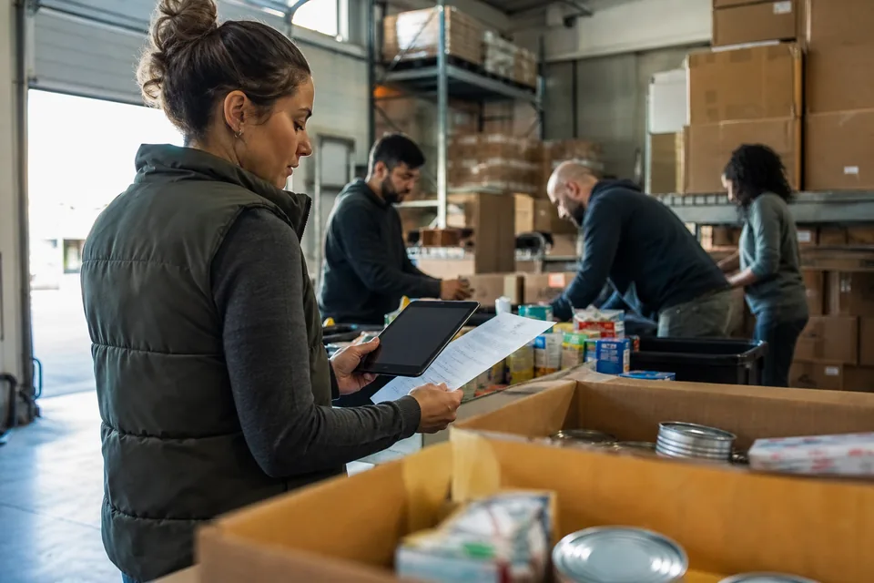 Volunteer coordinator at a community food bank checking volunteer sign-up paperwork on a tablet
