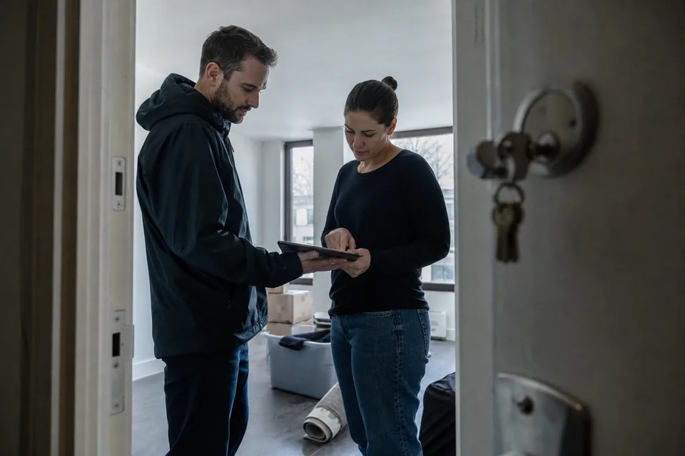 Property manager handing a tablet to a tenant to sign a lease in an empty apartment