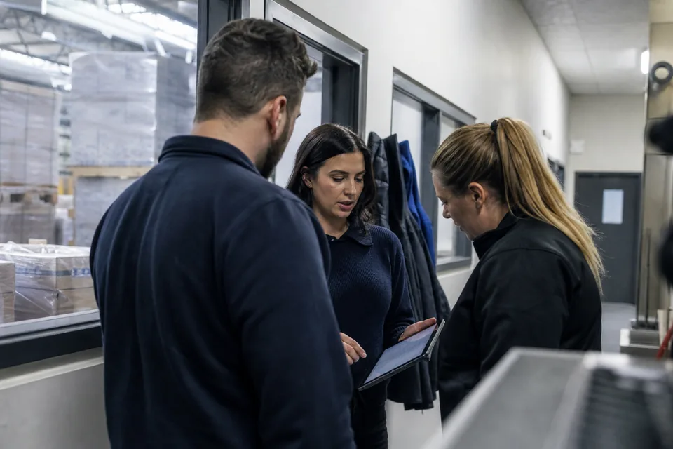 Colleagues from sales, HR and operations reviewing a document on a tablet in a warehouse office